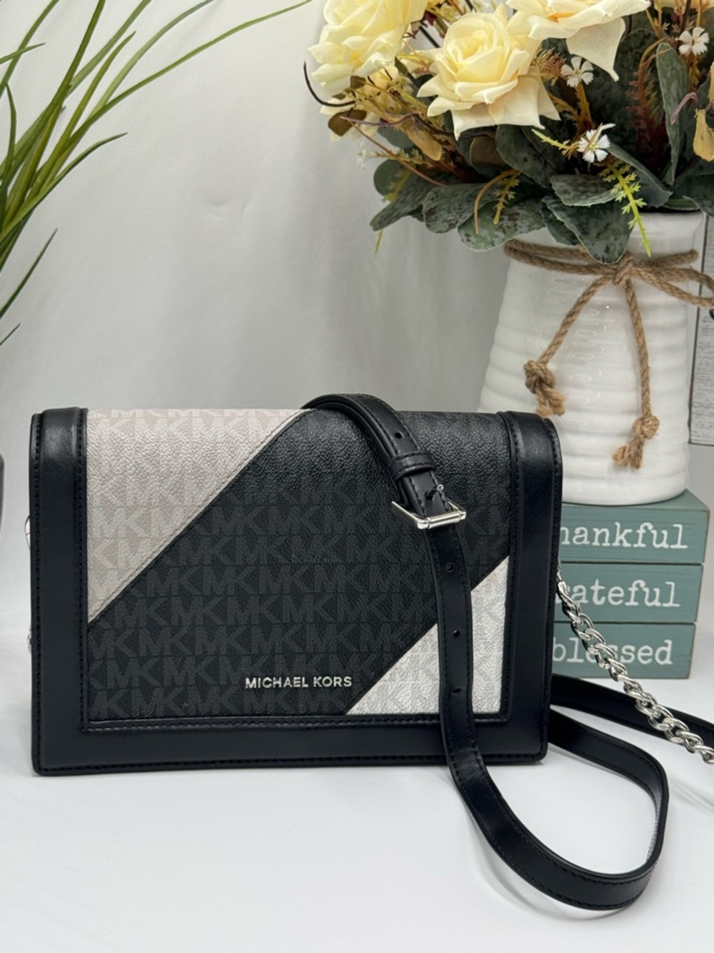 Michael Kors Jade Tri-Color Logo Gusset Crossbody Bag - Black/Grey/White